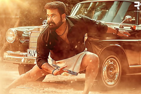 Mohanlal in black shirt and veshti with a black mercedes in the background 