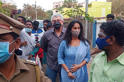 Actors Ajith and Shalini seen at a polling booth in Thiruvanmiyur. 