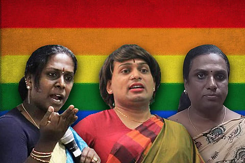 Activists Akkai Padmashali, Vyjayanti Vasanta Mogli and Uma against the backdrop of rainbow colors