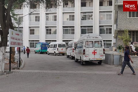 A line of Ambulances wait outside a Bengaluru hospital 