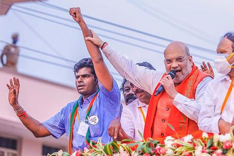 BJP Tamil Nadu president K Annamalai with Union Home Minister Amit Shah at a rally