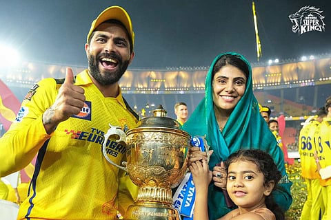 Ravindra Jadeja with his wife Rivaba Jadeja after the IPL win