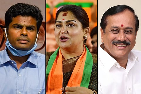 BJP candidates K Annamalai, Khushboo and H Raja for 2021 Tamil Nadu Assembly elections 