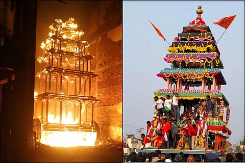 Antarvedi temple chariot before and after it caught fire 