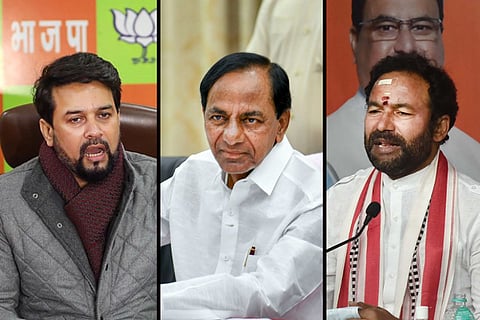 Collage of I&B Minister Anurag Thakur, Telangana CM KCR and Union Tourism Minister G Kishan Reddy