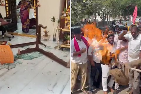 A collage of TRS workers protesting outside Arvind Dharmapuri's home