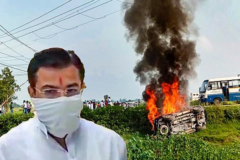 A picture of Ashish Mishra against a backdrop of the Lakhimpur Kheri violence site