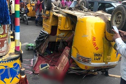 A damaged auto rickshaw