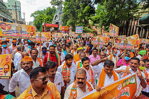 BJP activists stage a protest urging the Tamil Nadu government to give permission for opening temples