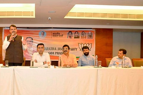 BJP Goa election in-charge Devendra Fadnavis speaks during a meeting with BJP candidates, a day before the results of Goa Assembly elections, in Panaji