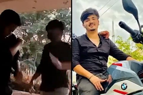 A collage of Bhagirath assaulting a man, and Bhagirath on a bike