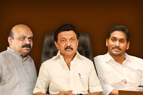 Stylised image of Basavaraj Bommai on the left, MK Stalin in the middle and YS Jagan on the right