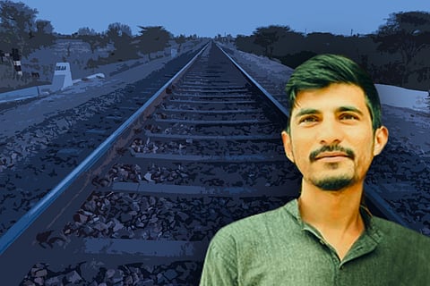 A picture of Arbaaz Aftab Mulla, who was killed in Belagavi, Arnaaz is wearing a green kurta and a railway track can be seen behind him