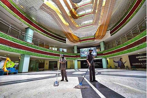 Disinfection being carried out in a mall in Bengaluru amid the coronavirus pandemic