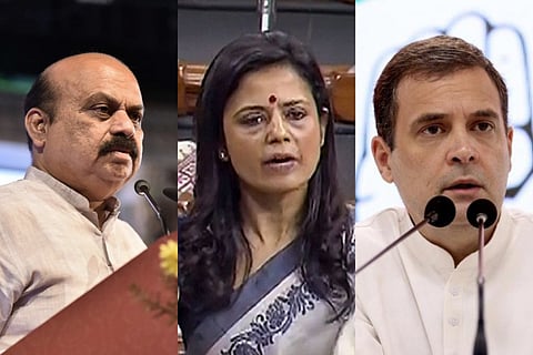 A collage of Basavaraj Bommai, Rahul Gandhi, Mahua Moitra