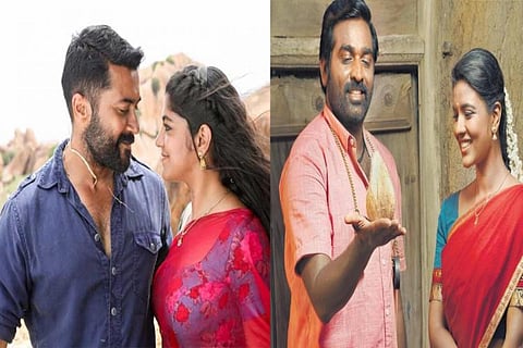 A still of the lead actors from Tamil movie 'Soorarai Pottru' on the left and 'Ka Pae Ranasingam' on the right