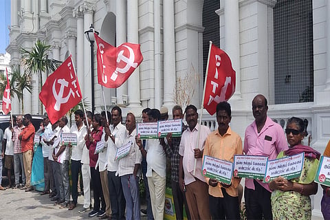 CPI(M) members protesting outside the Ripon Building against waste management privatisation.