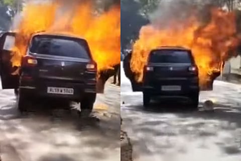 A collage of the car catching fire