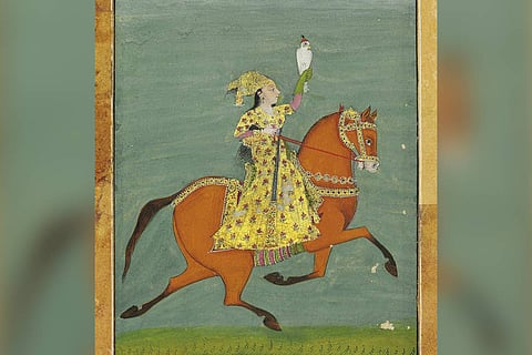 Portrait of Chand Bibi riding a horse while hawking