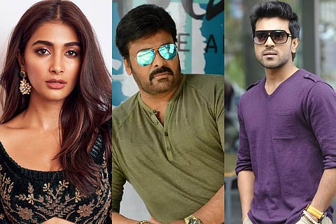 Actors Pooja Hegde, Chiranjeevi and Ram Charan