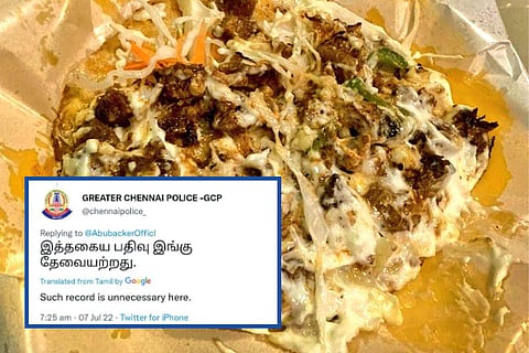 Image of a plate of beef food item and a response from the twitter handle of Greater Chennai police saying that 'such unwarranted posts should be avoided'