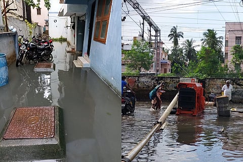 Collage of a house and a street in Chennai filled with a foot deep sewage mixed with rain water 