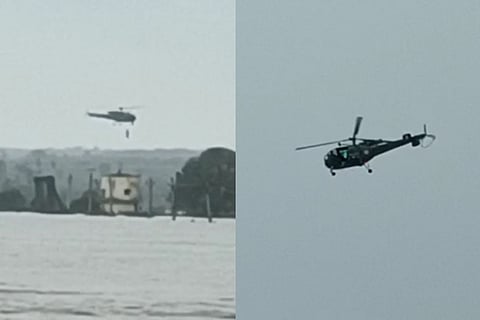 Two images showing the NDRF helicopter airlifting two from a water tank amid the flood.