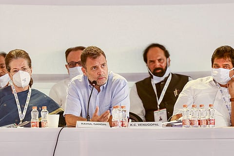 Congress leaders Sonia Gandhi, Rahul Gandhi and KC Venugopal at the Nav Sankalp Chintan Shivir