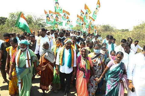 Revanth Reddy and Seethakka walking during the padayatra