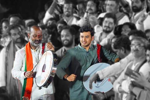Telangana BJP Chief Bandi Sanjay and BJYM president Tejasvi Surya embraces dappu in a public gathering