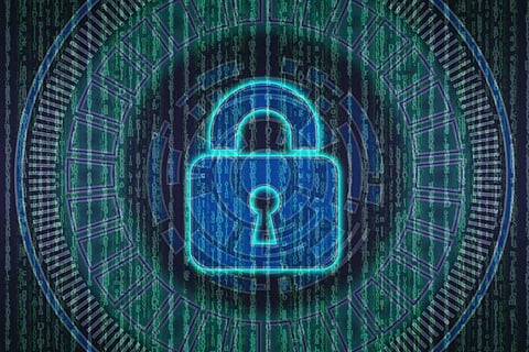 A design of a blue lock outline against a black and green background