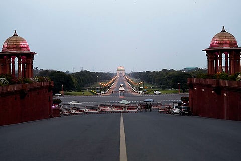 A view of Delhi's Rajpath that wears a deserted look amid curfew imposed over the COVID-19 pandemic