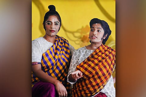 Two actors performing in the play Desdemona Rupakam staged at Ranga Shankara, Bengaluru