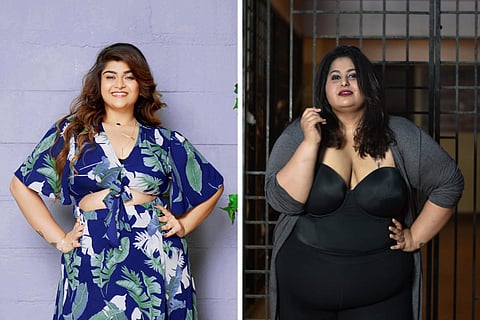 Collage of body Positivity Influencers Payal Soni and Dipti Bharwani , Payal in a blue and Dipti in a black attire 