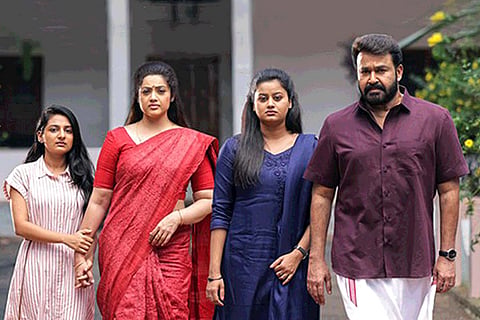 Esther Anil, Meena, Ansiba and Mohanlal in Drishyam 2 standing in a line