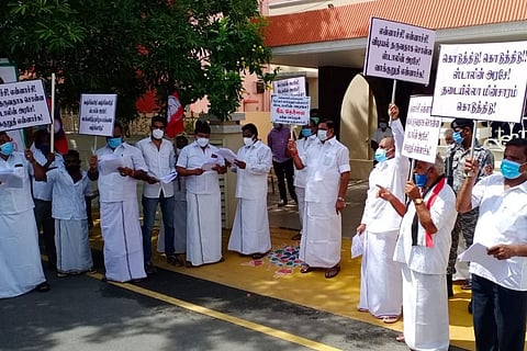 Tamil Nadu Opposition leader Edappadi K Palaniswami protesting against DMK government