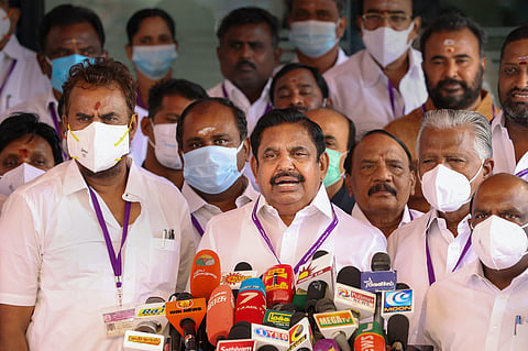 Edappadi Palaniswami, SP Velumani and other AIADMK leaders outside Tamil Nadu Assembly
