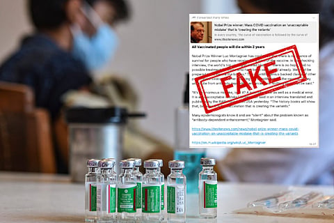 Fake message stamp on Lun Montagnier's message with vials of covid-19 vaccine in the foreground