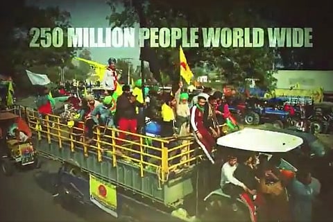 Screengrab of video played in support of farmers protest in California 