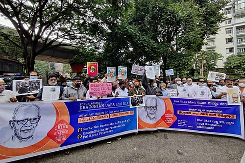 A protest in Bengaluru after the death of Father Stan Swamy