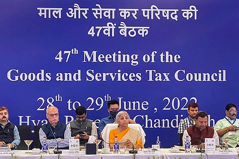 Union Finance Minister Nirmala Sitharaman and others seated during the 47th GST Council meet