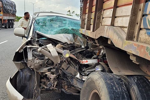 The front portion of the Innova seen completely mangled after the accident