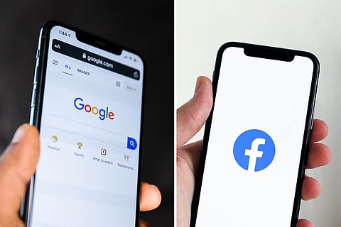 A collage of Google and Facebook logos on the screens of mobile phones
