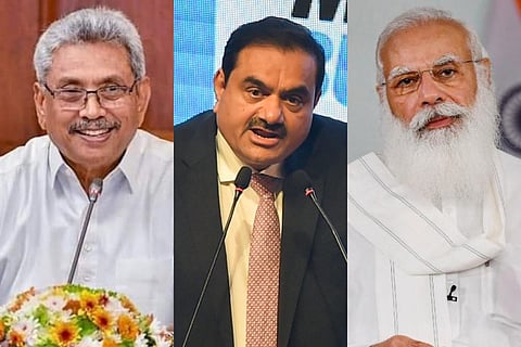 Collage of Gotabaya Rajapaksa, Gautam Adani and Narendra Modi