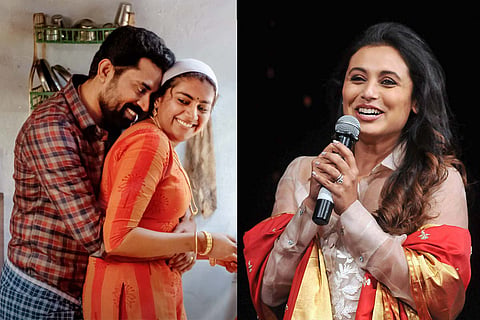 A still from 'The Great Indian Kitchen' on the left and a photo of actor Rani Mukerji on the right. 