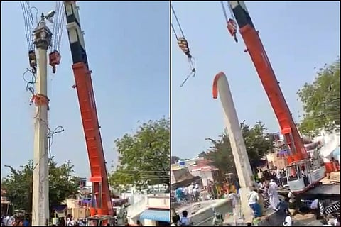 Giant pole at Andhra temple breaks during installation as hundreds watch on