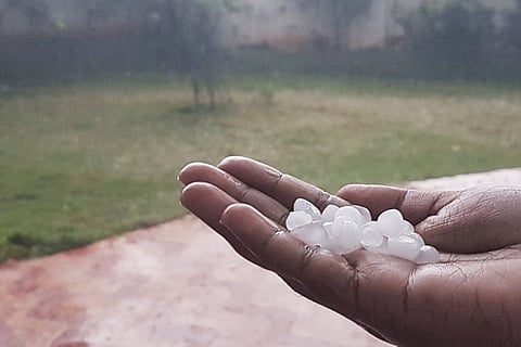 Hand holding pieces of hail