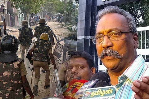 Collage of Henri Tiphagne and Police Violence at Sterlite Protests