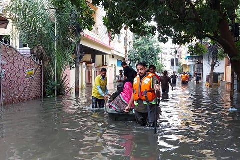 Flood relief work in Hyderabad amid pandemic