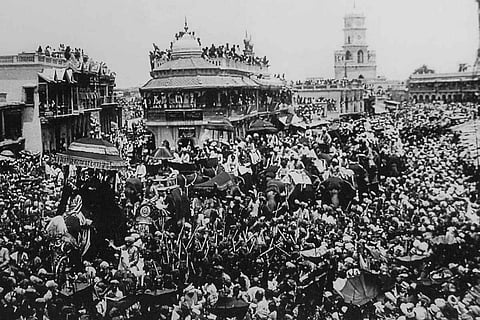 A black and white picture of the coronation for Osman Ali Khan in September, 1911